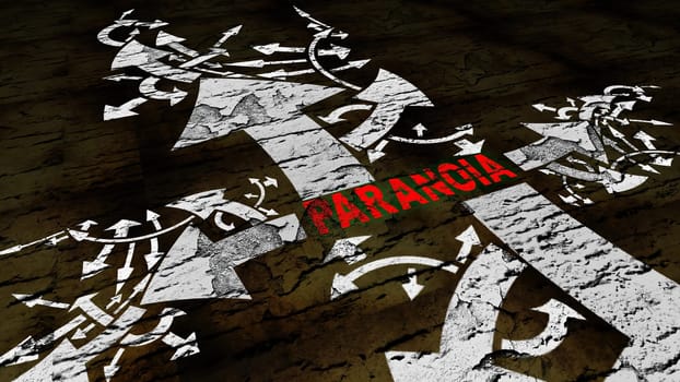 Paranoia text on a crossroad in different ways of arrows,Paranoia text on a crossroad in different ways of arrows
