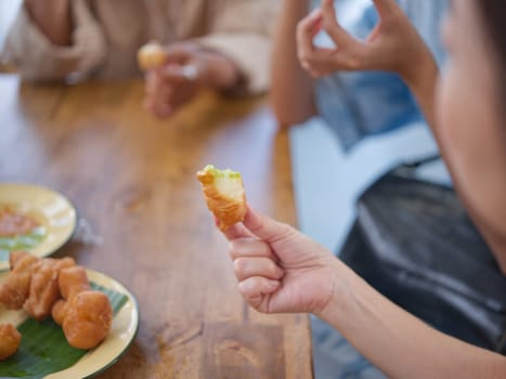Concept breakfast THAI STYLE , Chinese doughnut sticks or deep-fried dough sticks with green .  orange and purple steamed custard