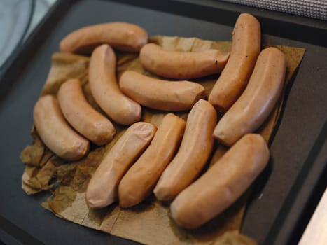 Close up view . Fresh boiled sausage home made