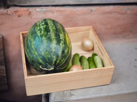 THAI market with various colorful fresh fruite and vegetables in wood box