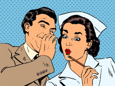 The diagnosis of the patient, nurse and male gossip surprise conversation flirting relationship doctor medicine health Halftone style art pop retro