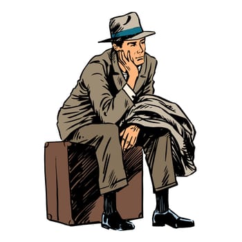 The man in the cloak businessman sitting on a suitcase will travel tourism sadness waiting. Retro image on a white background