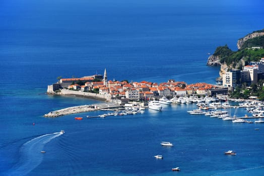 Aerial view of Budva, Montenegro on Adriatic coast.