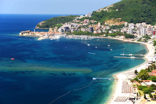 Aerial view of Budva, Montenegro on Adriatic coast.