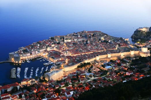 Aerial view of Dubrovnik, Croatia by night.
