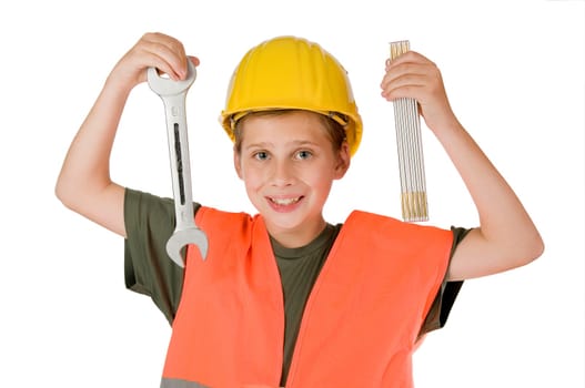 Frontal torso view of a 13-year-old male teenager wearing a yellow construction site helmet and orange warning vest against a white background showing a inch stick (limb band size) and a fork key into the camera