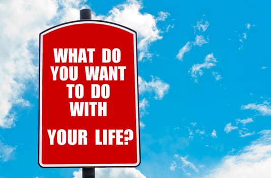 What Do You Want To Do With Your Life? motivational quote written on red road sign isolated over clear blue sky background. Concept  image with available copy space
