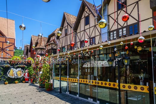 Blumenau, Brazil, January 20, 2022: Traditional shops with Christmas decorations in German Village in the city of Blumenau, Brazil