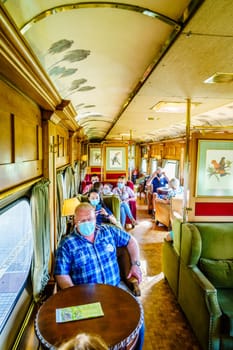 Curitiba, Brazil, January 21, 2022: Interior of a luxury car of Serra Verde Express - a tour train traveling scenic route between Curitiba and Morretes in Brazil