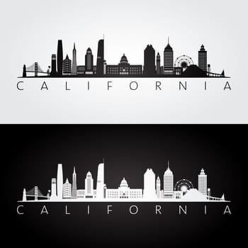 California state skyline and landmarks silhouette, black and white design. Vector illustration.