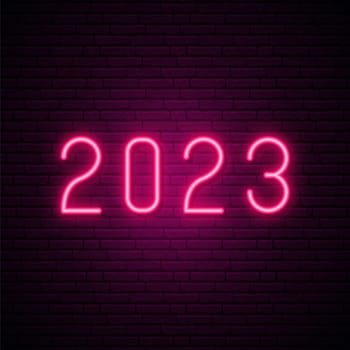 2023 neon sign. Bright pink numbers signboard, light banner. Logo neon, emblem. Stock vector illustration.
