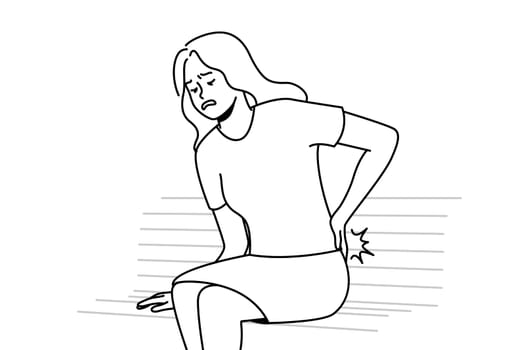 Unwell young woman sit on bench struggle with backache. Unhealthy female stand up suffer from back pain or rheumatism. Vector illustration.