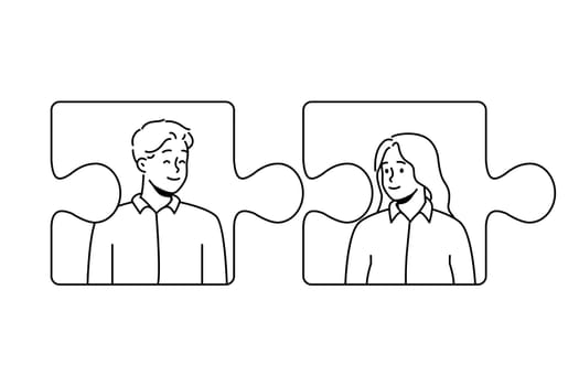 Jigsaw puzzles with man and woman connecting. Concept of couple connection and relationships. Love and affection. Vector illustration.