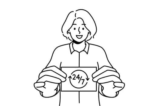 Smiling woman holding business card showing 24 7 service. Happy female present card with all day assistance or aid. Vector illustration.