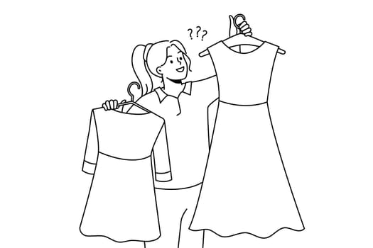 Smiling woman holding dresses on hangers choosing garment in shop or mall. Happy girl with clothes buying new collection in store. Fashion and style. Vector illustration.