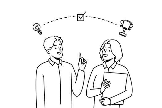 Smiling businesspeople brainstorm together for shared success or goal. Happy employees generate creative business ideas for achievement. Vector illustration.