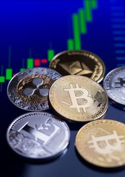 Bitcoin and cryptocurrency investing concept. Bitcoin altcoin cryptocurrency coins. Trading on the cryptocurrency exchange. Rise charts of bitcoin.