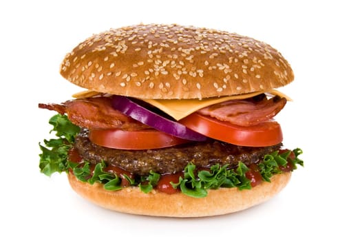 Beef and bacon burger isolated over white background