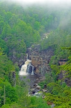 Waterfall and Rocks in a Mountain Fog at the Linville Gorge in North Carolina