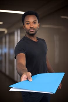 professional office worker colleague offering document holding file folder paperwork business report assistant
