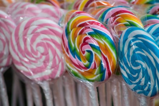 A group of multicolored lollipop close up