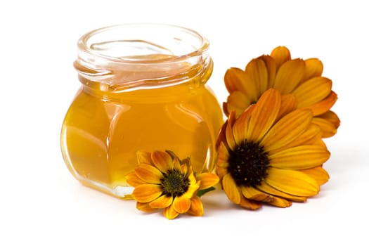 honey and flowers on white  background