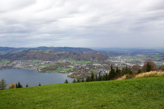 Lake Traunsee seen from Gmundnerberg, Salzkammergut, Upper Austria, Austria