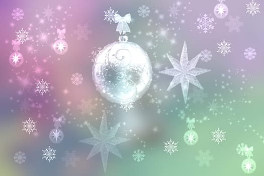 Abstract blurred festive winter christmas or Happy New Year background with shiny pink and green bokeh lighted xmas balls and stars. Space for your design. Card concept.