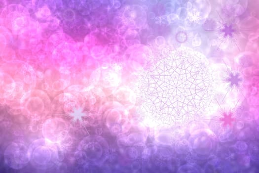A festive abstract delicate Happy New Year or Christmas background texture with colorful pink and light violet blurred bokeh lights and stars. Space for design. Card concept or advertising.