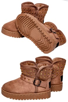 Collage boots for children. Close-up of a pair of elegant brown suede winter boots which are lined with fur. Girls winter shoe fashion isolated on a white background.