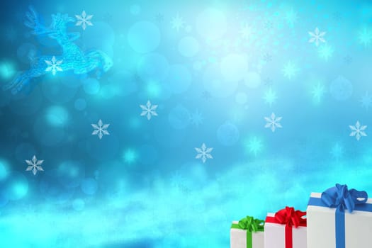 Christmas background. Three xmas gift boxes over abstract natural light blue winter landscape texture with stars, snow and bokeh stag. Beautiful card design. Space.