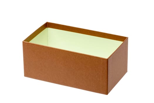 Empty opened brown cardboard box or kraft paper box with clipping path isolated on white background. Suitable for packaging. Macro.