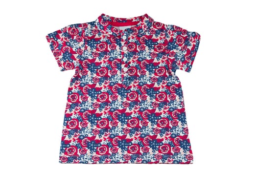 Children clothes. Fashionable little girl short-sleeved shirt with floral print isolated on a white background. Clippig path. Kids baby colorful T-shirt with red roses pattern.