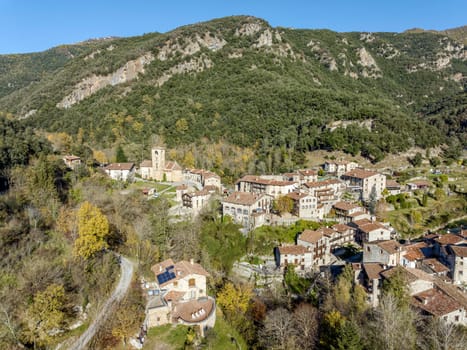 Aerial panoramic view of Beget, a small population center belonging to Camprodon full of magic and charm, Spain