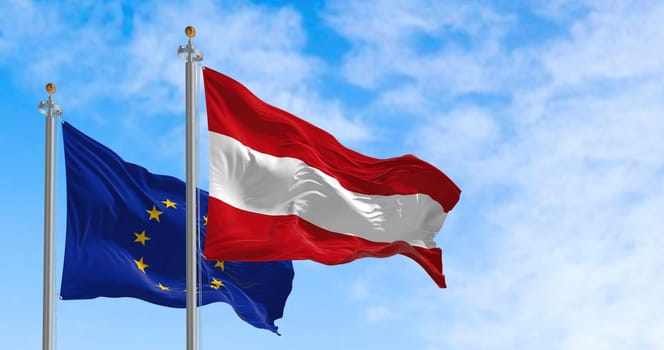 the flags of Austria and the European Union waving in the wind on a sunny day. Democracy and politics. European country. Seamless loop in slow motion. 3D render