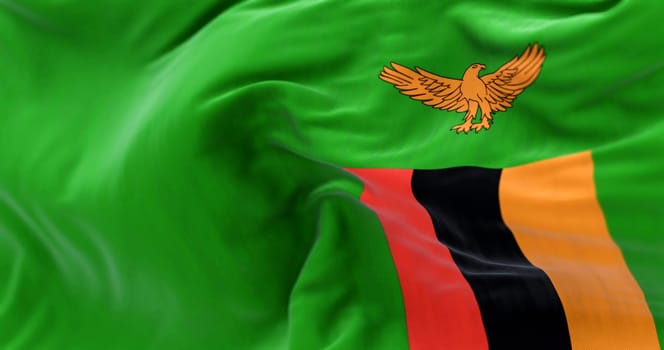 Close-up view of the Zambia national flag waving in the wind. The Republic of Zambia of Central and Southern Africa. Fabric textured background. Selective focus. 3d illustration