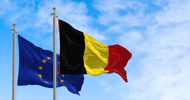 the flags of Belgium and the European Union waving in the wind on a sunny day. Democracy and politics. European country. Seamless loop in slow motion. 3D render