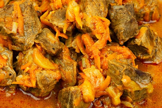 Cooked beef goulash. Meat dish. Hungarian traditional meal. Top view