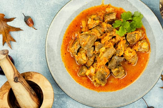 Cooked beef goulash. Meat dish. Hungarian traditional meal. Top view