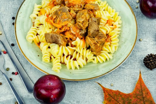 Cooked beef goulash. Meat dish. Hungarian traditional meal. Top view