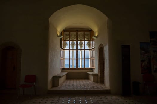 Feria, Spain - March 24th, 2013: Tower of homage window, Castle of Feria, Badajoz, Extremadura, Spain