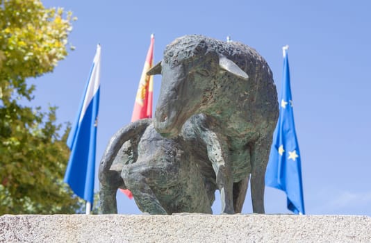 Zafra, Spain - Oct 10th, 2022: Zafra International Livestock Fair. Monument to merina sheep race, 1983. Unknown artist