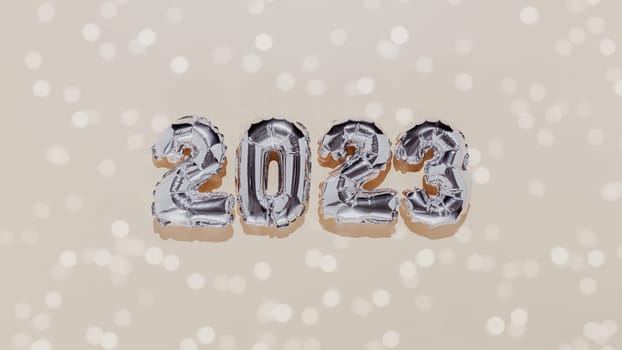 Christmas or New Year background. Beige color flat lay decorated with white paper glitter and silver shiny 2023 baloon numbers. Simple minimalistic greeting card. Banner size