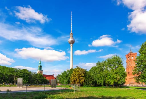 TV Tower and St Mary's Church not far from the Red City Hall, Berlin, Germany.