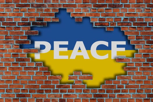 3D Flag of Ukrainian behind the broken old stone wall, the concept of peace in Ukraine. Stop world war.