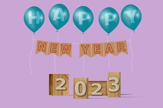 3D illustration New Year concept 2023 design with text on the wooden box and balloons on a purple rose color background.