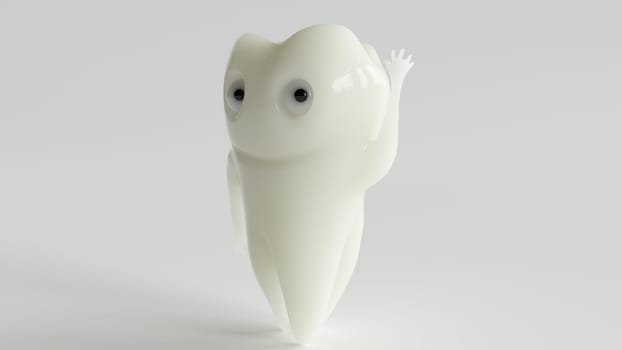 a healthy cartoon tooth waves at the camera -- 3d rendering