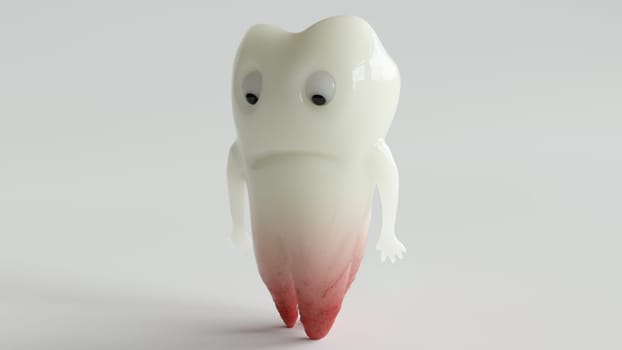 An unhappy cartoon tooth looks at his tooth root infection -- 3D Rendering