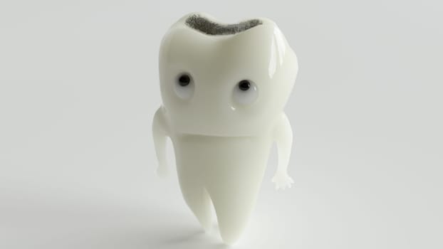 An unhappy cartoon tooth looks at his caries disease -- 3D Rendering