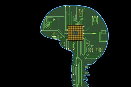 Concept 3d illustration of electronic chip in form of human brain in electronic cyberspace. Artificial intelligence in brain.